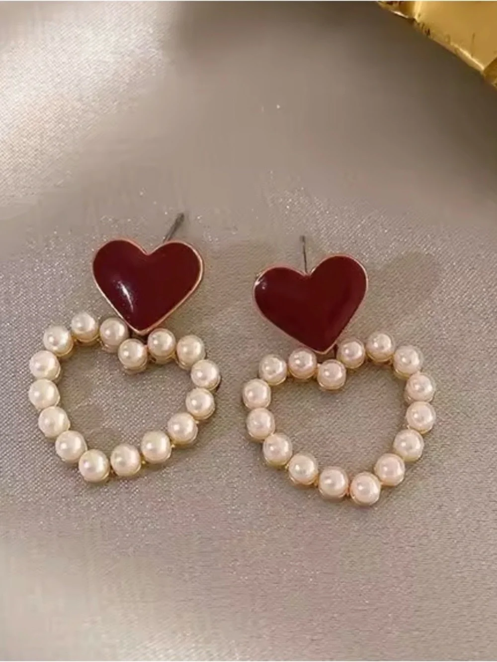 Gold Pearl Heart Drop Earrings with Red Enamel Hearts